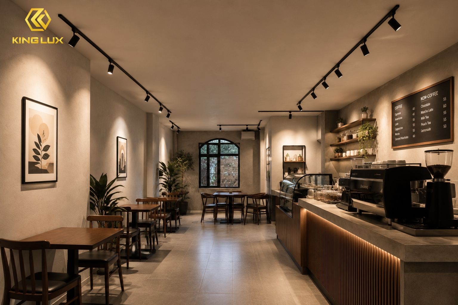 Đèn ray truyền thống được lắp đặt trong quán cafe