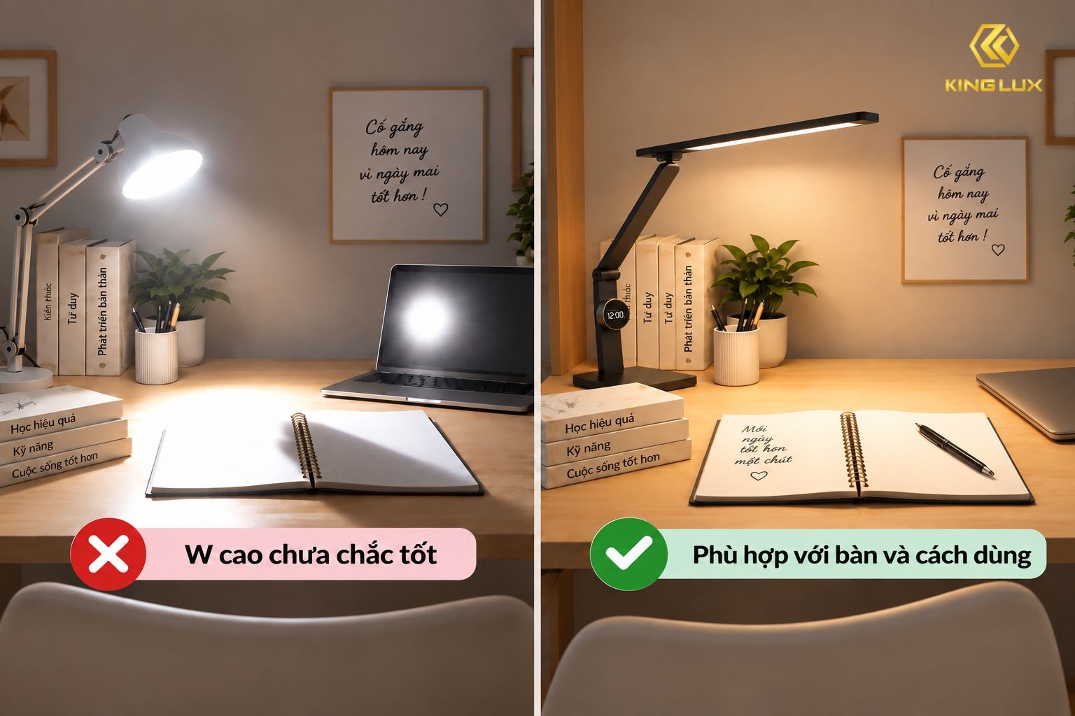Công suất đèn bàn cần phù hợp với diện tích bàn và cách sử dụng thực tế