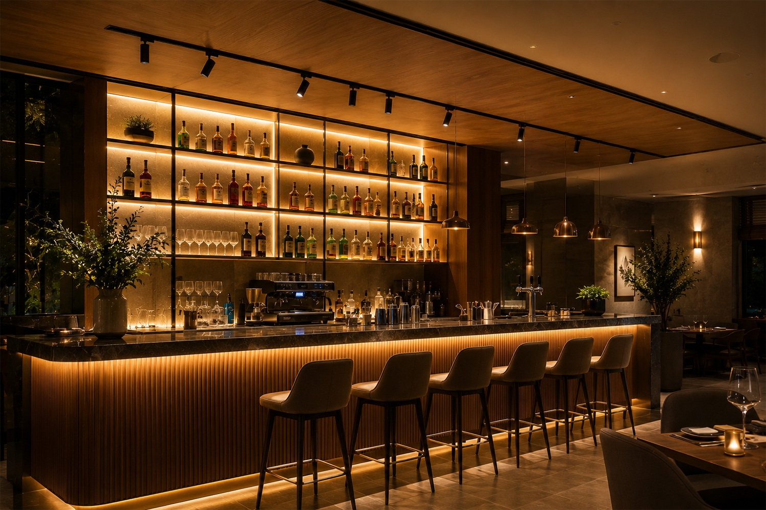 Quầy bar nhà hàng nổi bật hơn khi sử dụng đèn ray nam châm, spotlight và LED dây