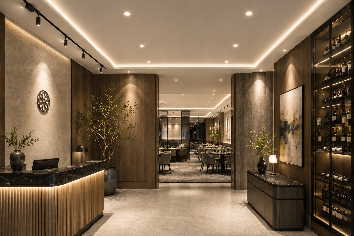 Kết hợp đèn downlight âm trần, đèn ray nam châm và LED dây hắt trần giúp không gian sảnh thu hút, chuyên nghiệp