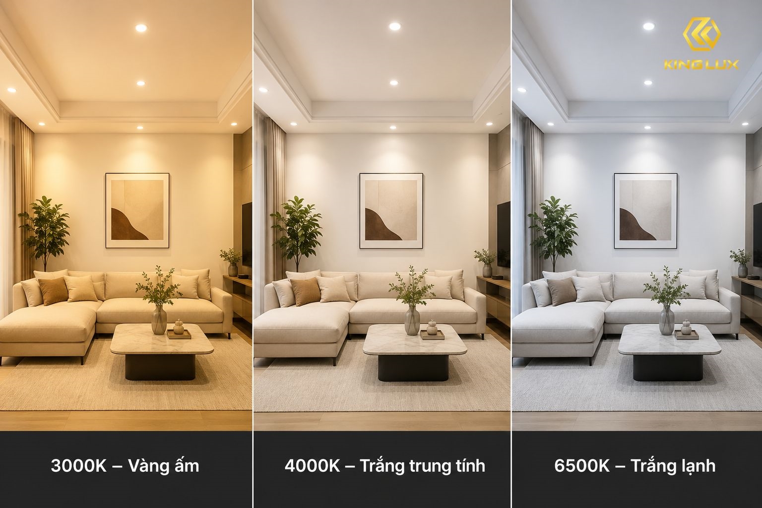 Nhiệt độ màu 3000K, 4000K và 6500K của đèn LED trong phòng khách