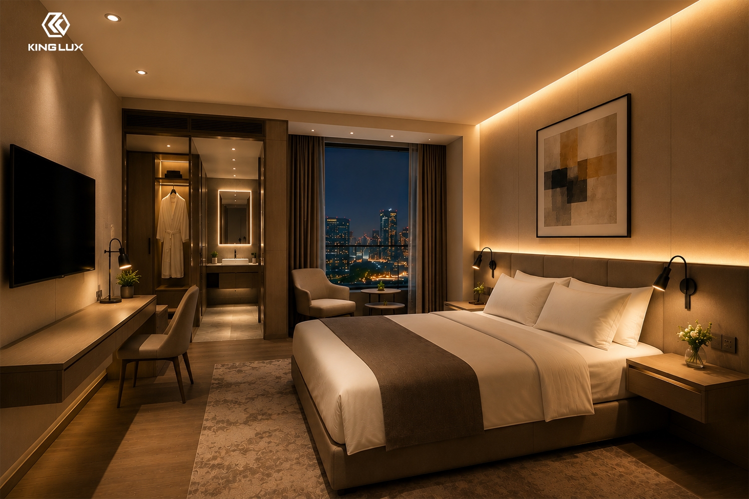 Thiết kế chiếu sáng phòng ngủ khách sạn resort với phân tầng ánh sáng hợp lý giúp không gian trở nên ấm cúng, thư giãn